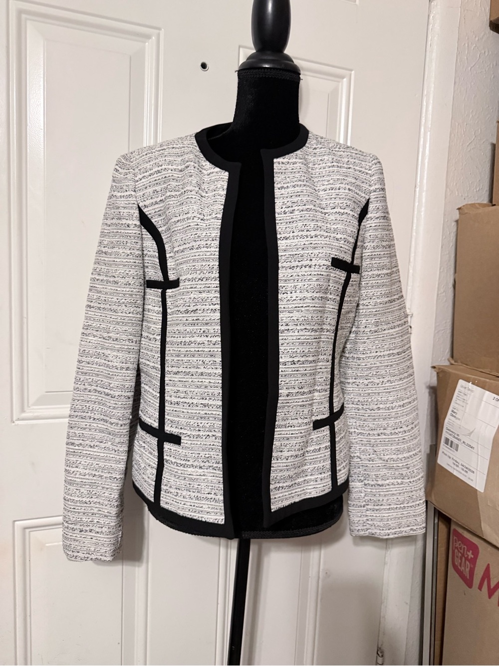 Kasper Black and White Tweed Open-Front Jacket